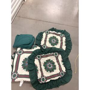 VTG Lone Star Over Full/Queen Quilt Sheet Shams Cotton Green Red Cottage Core